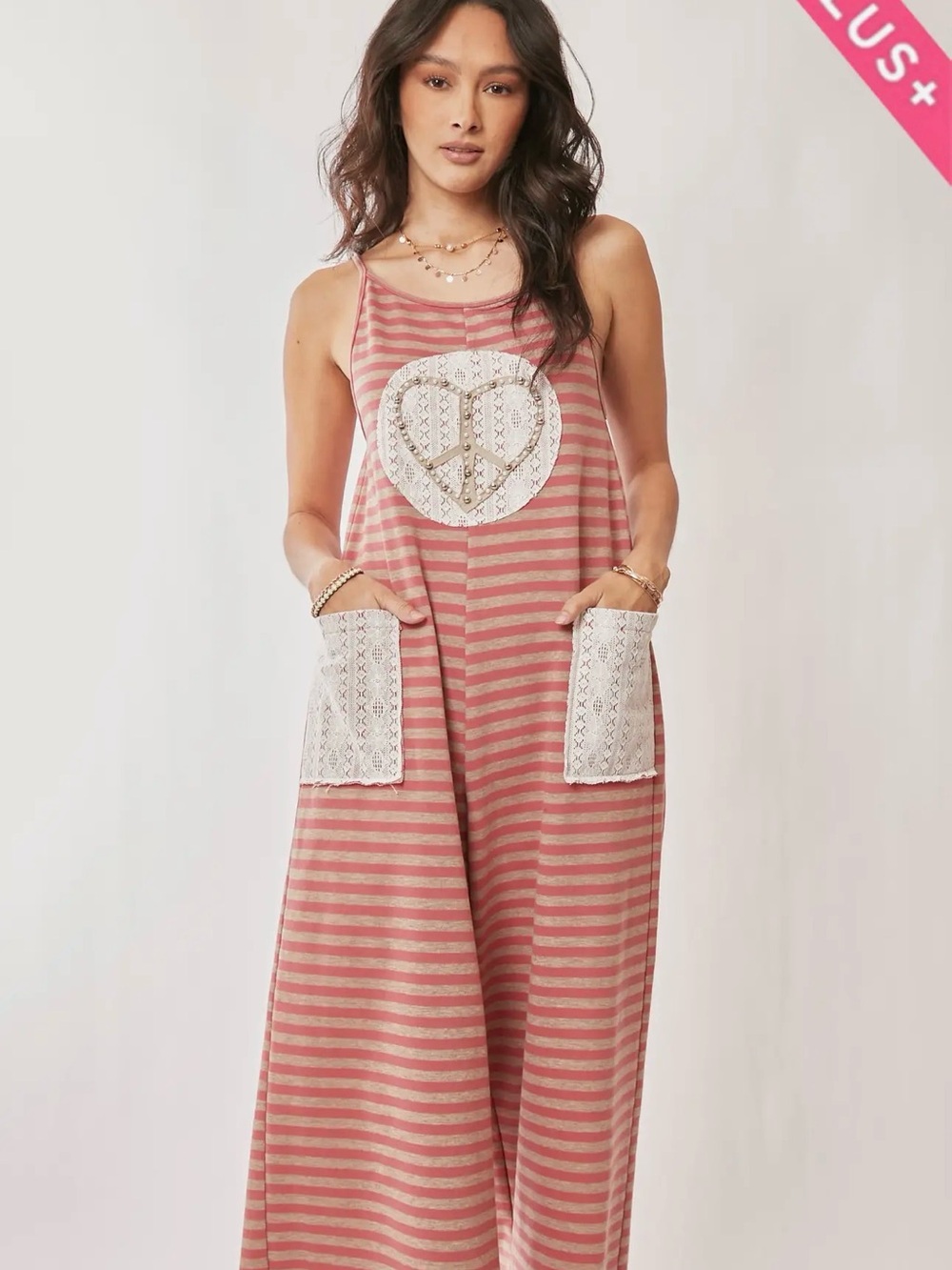 DAVI & DANI Pink and Gray Striped Sleeveless Jumpsuit Lace Pockets & bead work